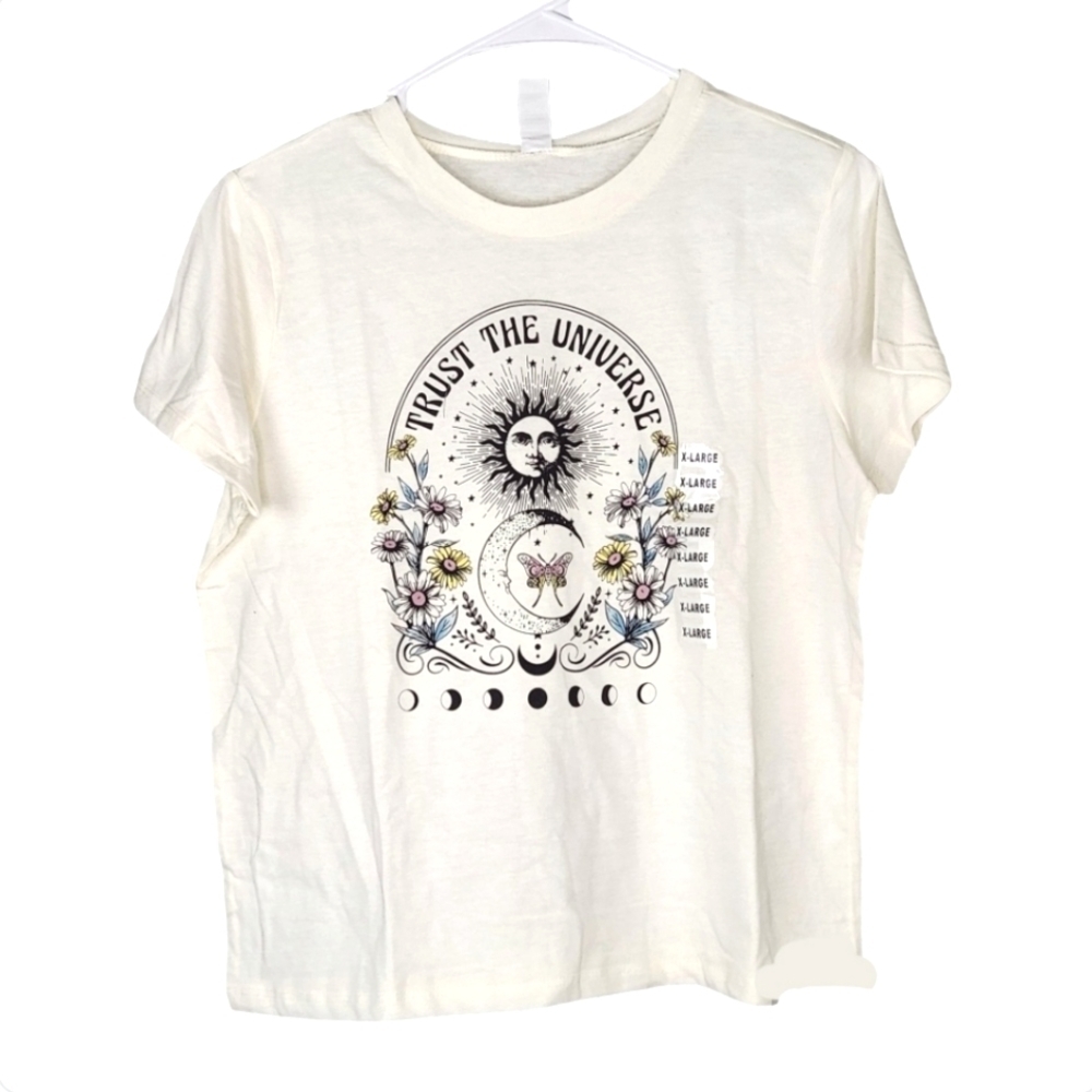 NWT Boutique Trust The Universe Cream Crop Short Sleeve Tee Size XL. T112